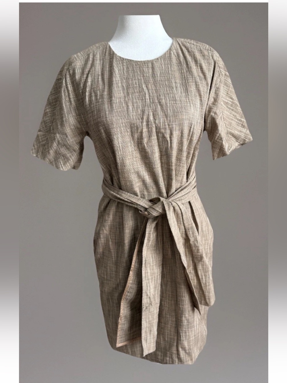 ERIKA CAVALLINI Beige Woven Belted Shift Dress Sz IT42 US6 Sm NWT Made in Italy